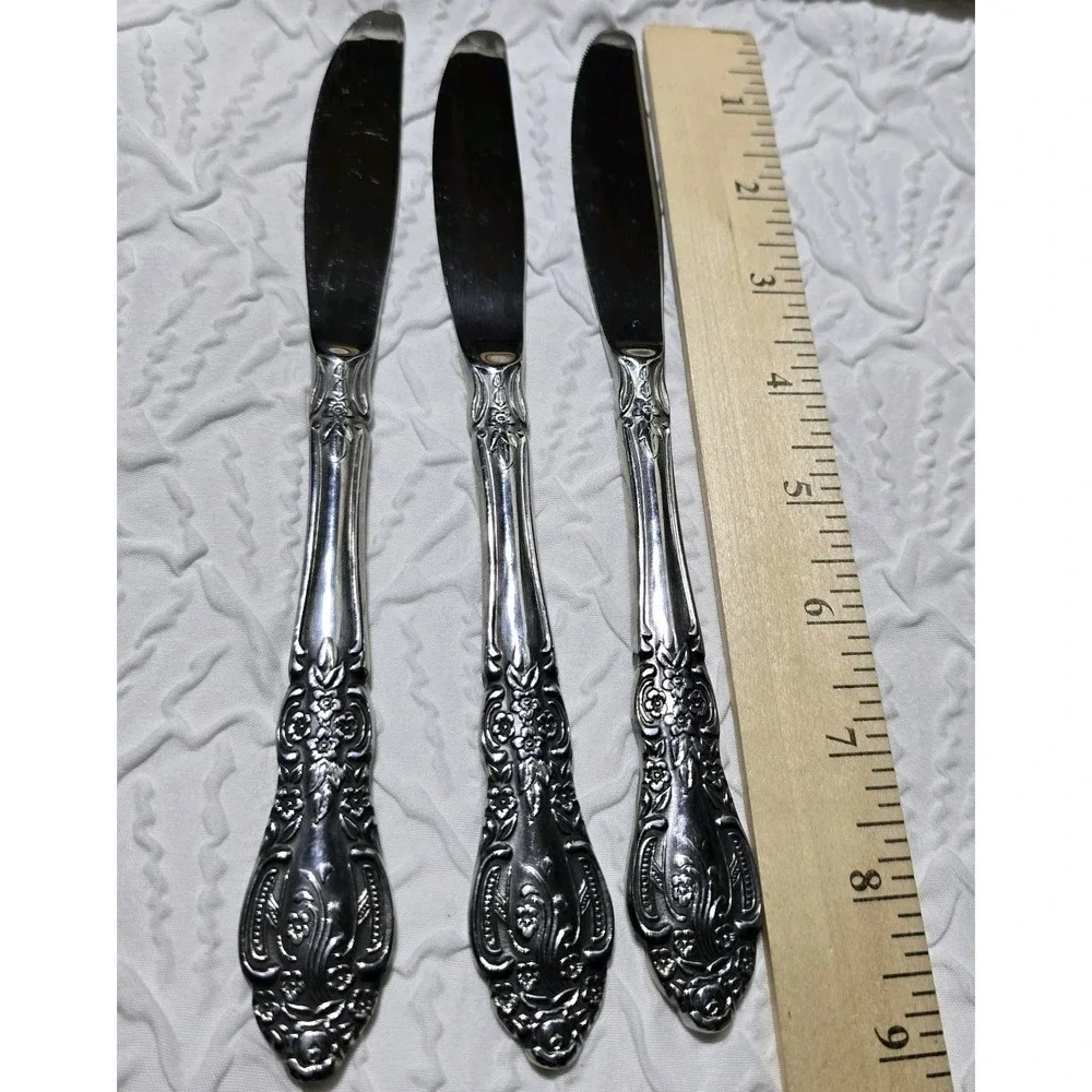 Springtime Stainless Dinner‎ Knives Set Of 3 Heavy Floral Flatware Japan Vintage